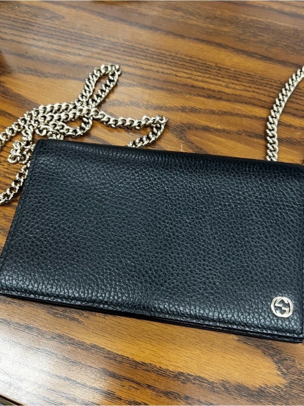 Gucci Black Leather Wallet on chain with Gold Zipper Detail